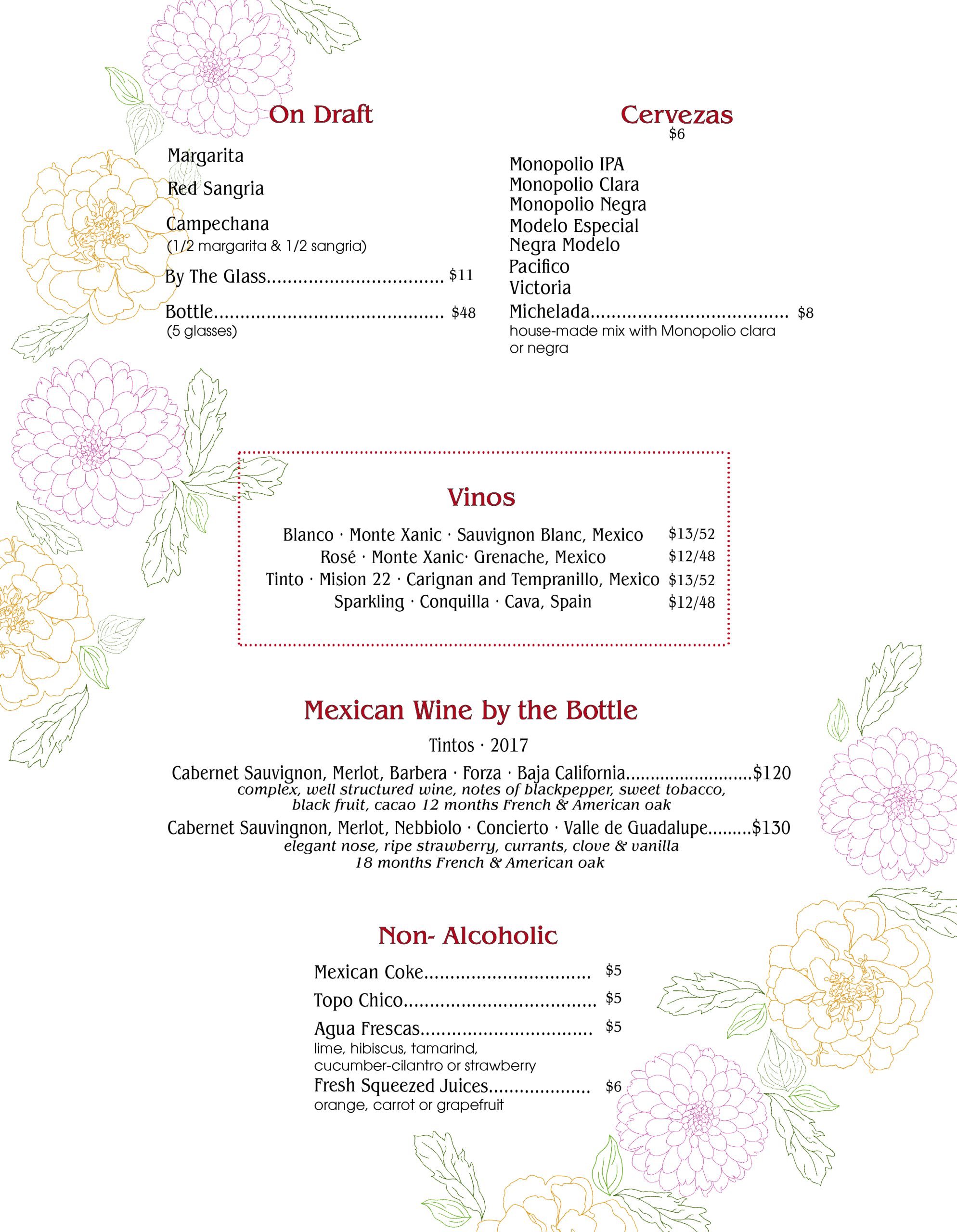 Chavela’s Wine and Beer Menu as well as non-alcoholic beverages such as Mexican coke, fresh squeezed juices, and agua frescas